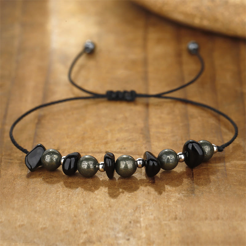 Buddha Stones Ik ben beschermd. IJzerpyriet Zwarte Obsidiaan Armband - image 4