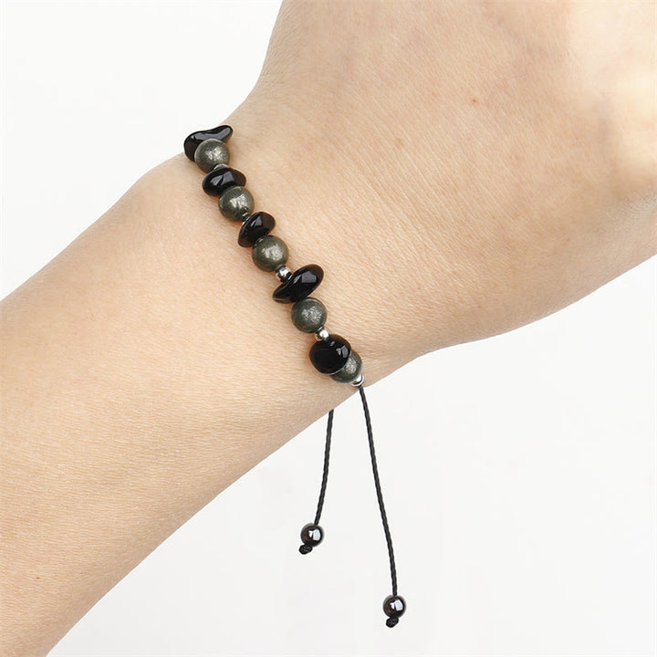 Buddha Stones Ik ben beschermd. IJzerpyriet Zwarte Obsidiaan Armband - image 10
