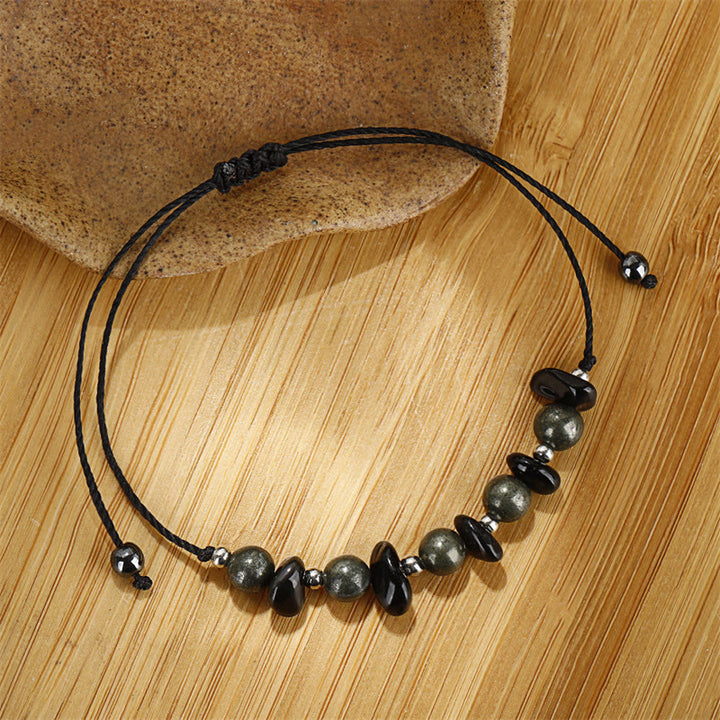 Buddha Stones Ik ben beschermd. IJzerpyriet Zwarte Obsidiaan Armband - image 7