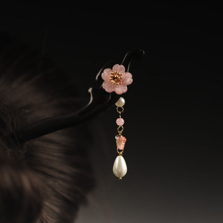 Buddha Stones Haarspeld - Zwart-roze bloem - image 0