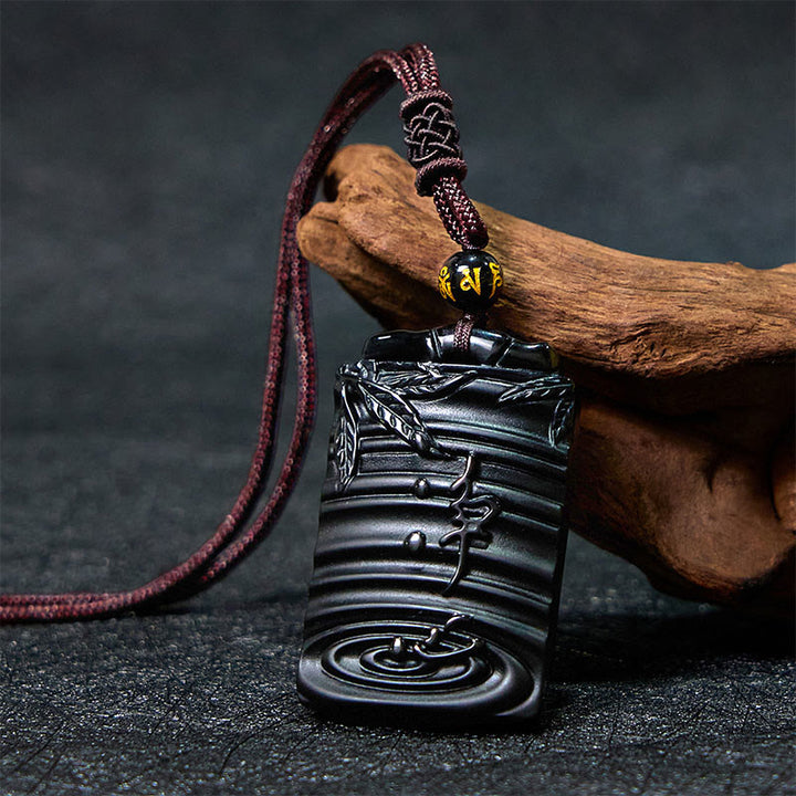 Buddha Stones Natuurlijke zwarte obsidiaan bamboe Ketting met symbool voor vervulling. - Zwarte obsidiaan - image 0