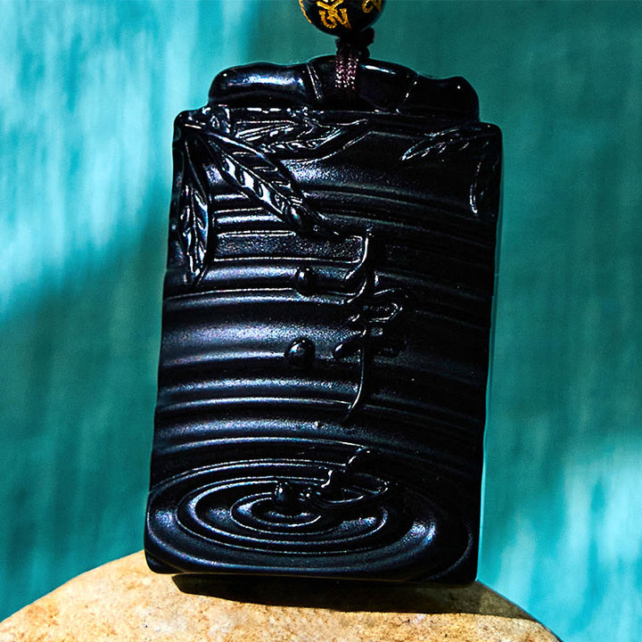 Buddha Stones Natuurlijke zwarte obsidiaan bamboe Ketting met symbool voor vervulling. - image 12