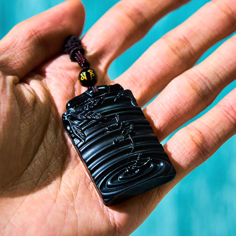 Buddha Stones Natuurlijke zwarte obsidiaan bamboe Ketting met symbool voor vervulling. - image 9
