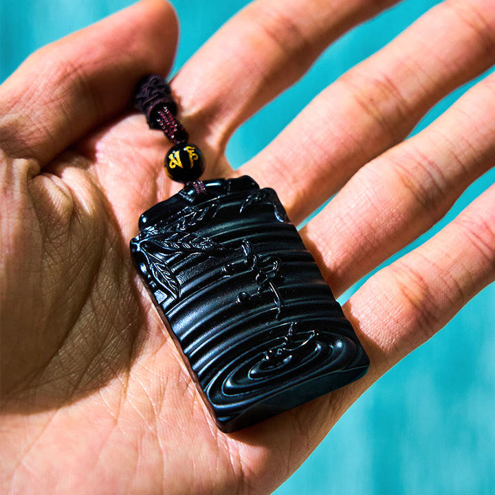 Buddha Stones Natuurlijke zwarte obsidiaan bamboe Ketting met symbool voor vervulling. - image 9