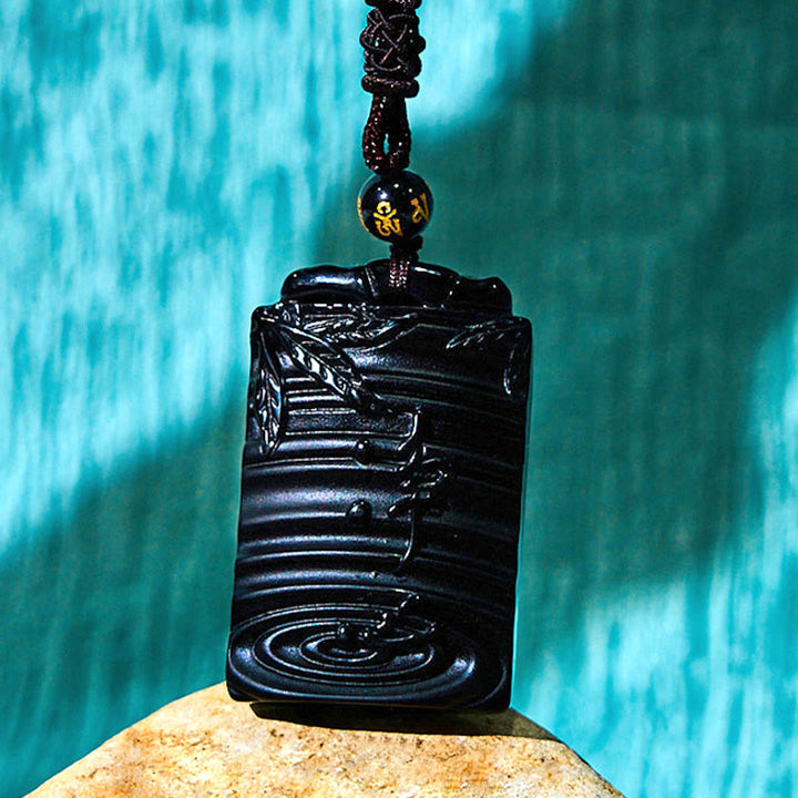 Buddha Stones Natuurlijke zwarte obsidiaan bamboe Ketting met symbool voor vervulling. - image 11