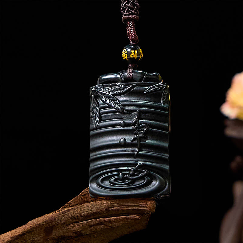 Buddha Stones Natuurlijke zwarte obsidiaan bamboe Ketting met symbool voor vervulling. - image 1