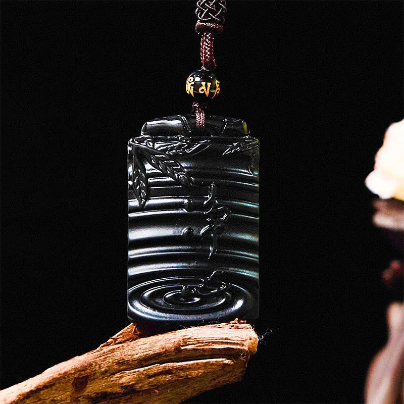 Buddha Stones Natuurlijke zwarte obsidiaan bamboe Ketting met symbool voor vervulling. - image 8