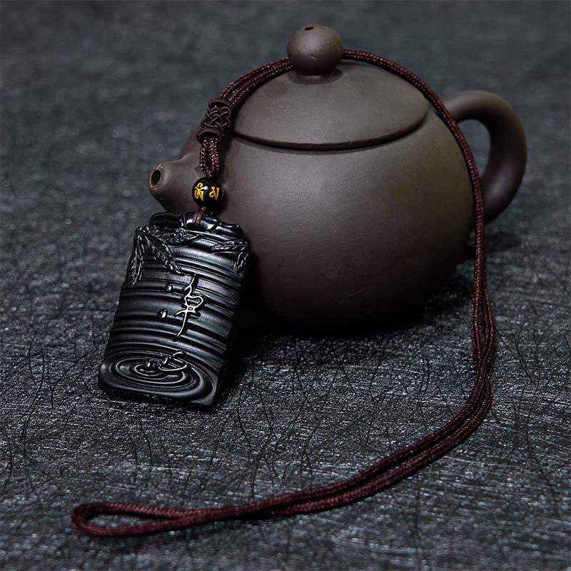 Buddha Stones Natuurlijke zwarte obsidiaan bamboe Ketting met symbool voor vervulling. - image 3