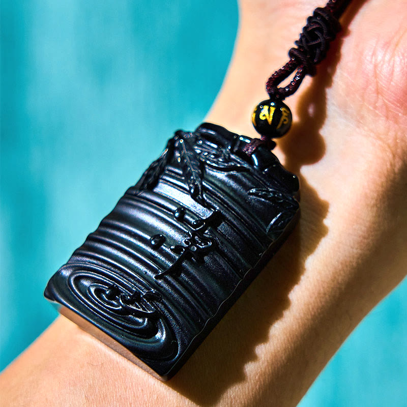 Buddha Stones Natuurlijke zwarte obsidiaan bamboe Ketting met symbool voor vervulling. - image 10