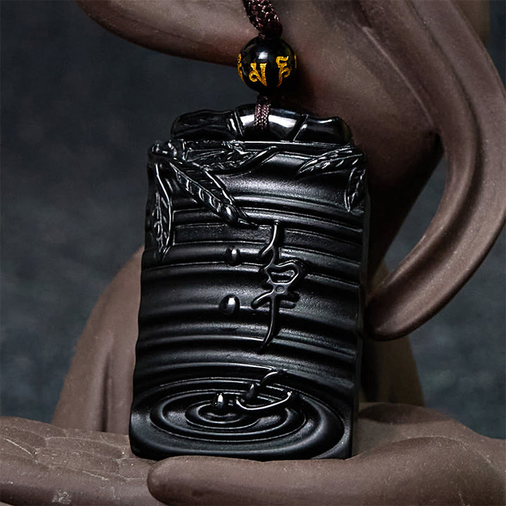 Buddha Stones Natuurlijke zwarte obsidiaan bamboe Ketting met symbool voor vervulling. - image 7