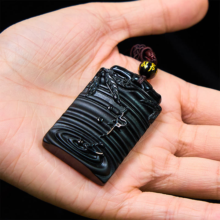 Buddha Stones Natuurlijke zwarte obsidiaan bamboe Ketting met symbool voor vervulling. - image 4