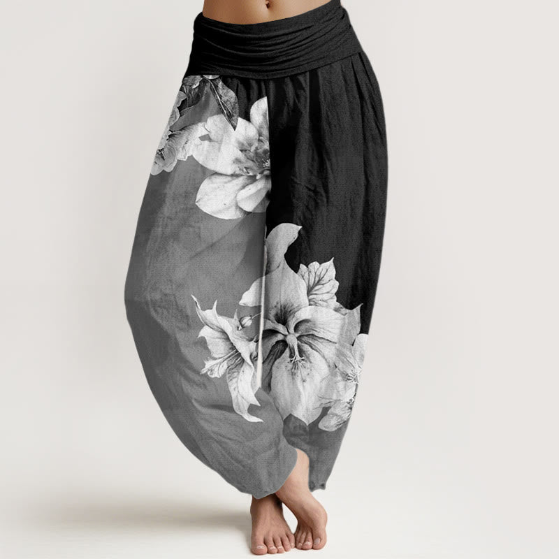 Buddha Stones Dames harembroek met elastische Taille en katoenen cameliaprint - Zwart - US22, UK/AU26, EU54 (6XL) - image 7