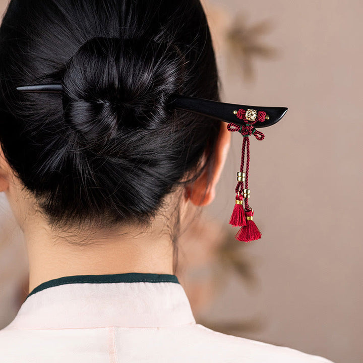 Buddha Stones Ebony Red String Chinese Knoop Kwastje Bescherming Haarspeld - image 4