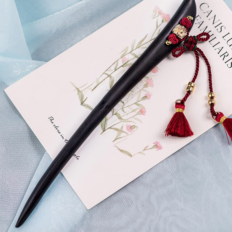 Buddha Stones Ebony Red String Chinese Knoop Kwastje Bescherming Haarspeld - image 9