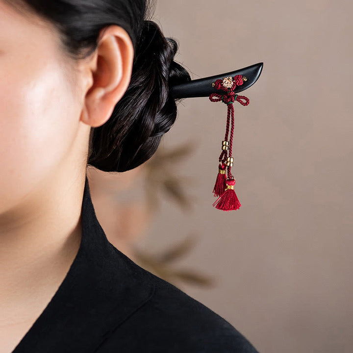 Buddha Stones Ebony Red String Chinese Knoop Kwastje Bescherming Haarspeld - Ebbenhouten Haarspeld - image 0