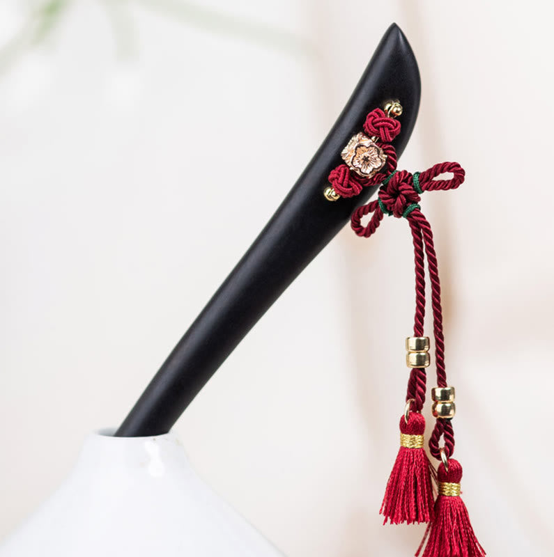 Buddha Stones Ebony Red String Chinese Knoop Kwastje Bescherming Haarspeld - image 3