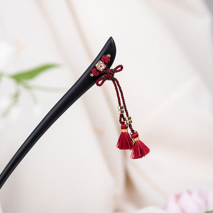 Buddha Stones Ebony Red String Chinese Knoop Kwastje Bescherming Haarspeld - image 2