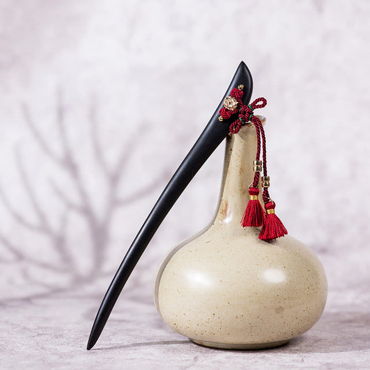 Buddha Stones Ebony Red String Chinese Knoop Kwastje Bescherming Haarspeld - image 1