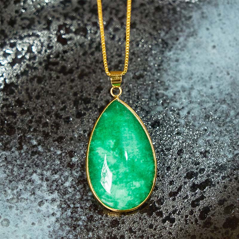 Buddha Stones Groene jade hanger met waterdruppelpatroon en Ketting voor overvloed. - image 3