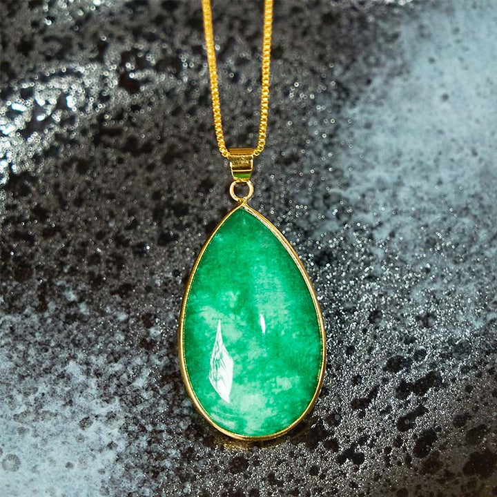 Buddha Stones Groene jade hanger met waterdruppelpatroon en Ketting voor overvloed. - image 3