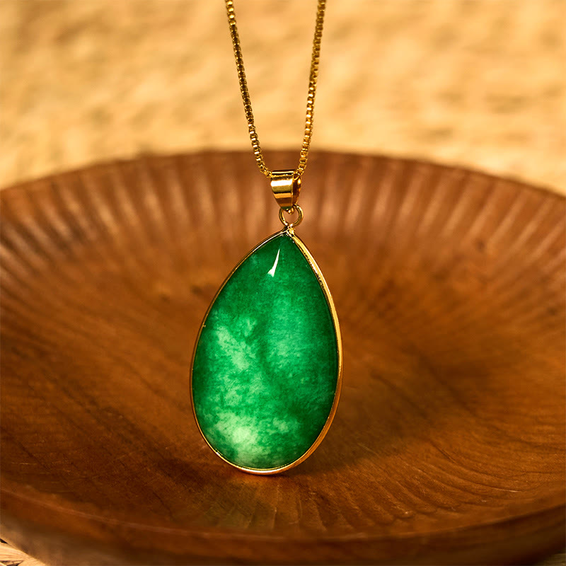 Buddha Stones Groene jade hanger met waterdruppelpatroon en Ketting voor overvloed. - image 5