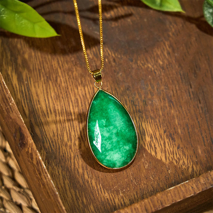 Buddha Stones Groene jade hanger met waterdruppelpatroon en Ketting voor overvloed. - image 2