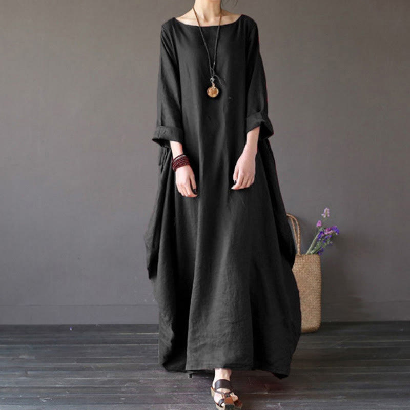 Buddha Stones Maxi jurk voor dames met driekwartmouwen in effen kleur - Zwart - US16, UK/AU20, EU48 (5XL) - image 11