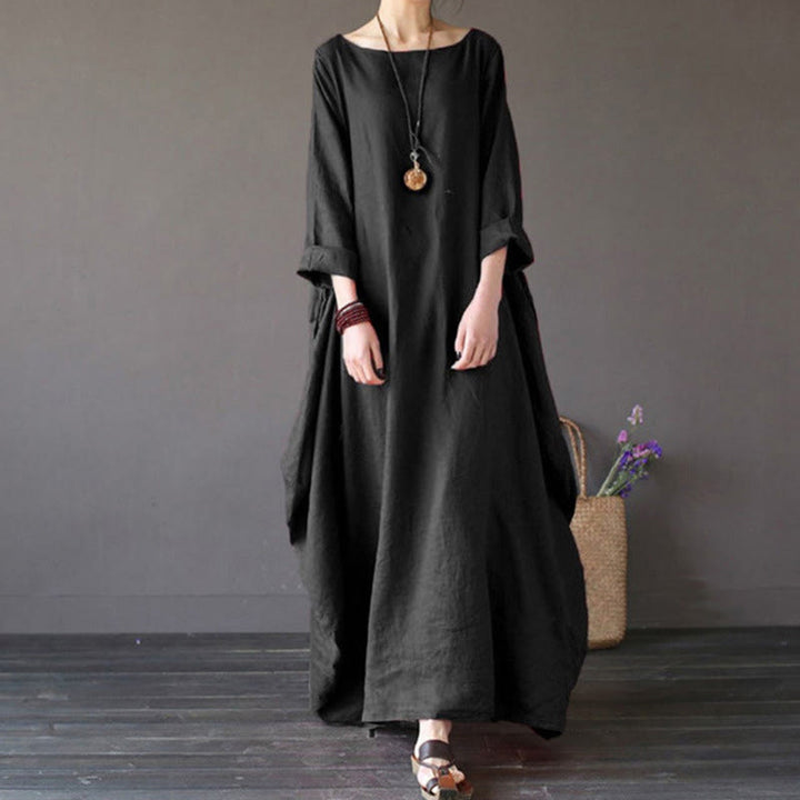 Buddha Stones Maxi jurk voor dames met driekwartmouwen in effen kleur - Zwart - US16, UK/AU20, EU48 (5XL) - image 11