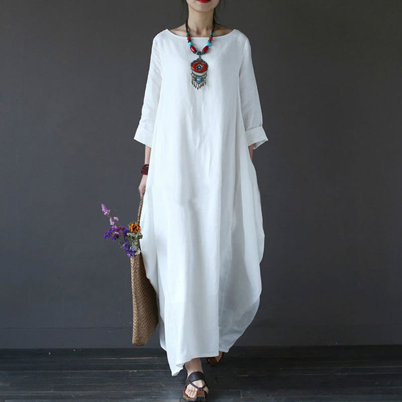 Buddha Stones Maxi jurk voor dames met driekwartmouwen in effen kleur - Wit - US16, UK/AU20, EU48 (5XL) - image 0