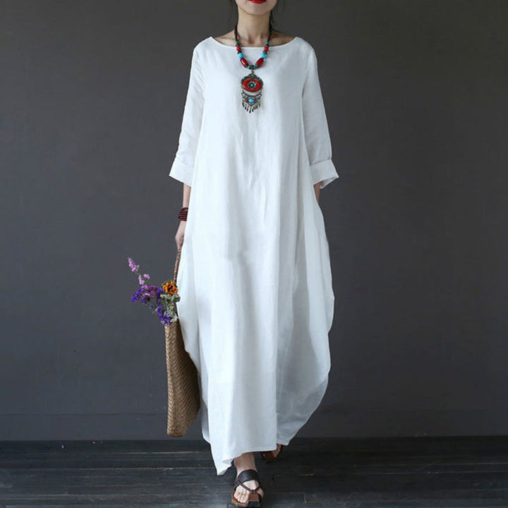 Buddha Stones Maxi jurk voor dames met driekwartmouwen in effen kleur - Wit - US16, UK/AU20, EU48 (5XL) - image 0