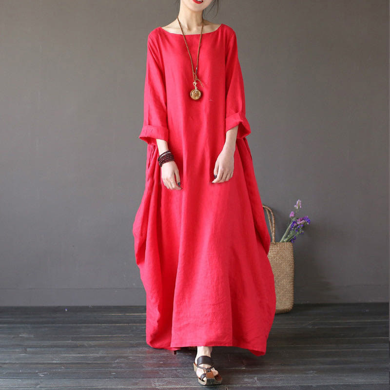 Buddha Stones Maxi jurk voor dames met driekwartmouwen in effen kleur - Rood - US16, UK/AU20, EU48 (5XL) - image 5