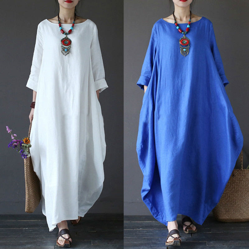 Buddha Stones Maxi jurk voor dames met driekwartmouwen in effen kleur - image 10