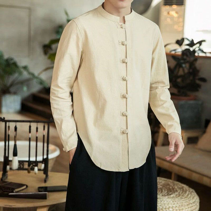 Buddha Stones Casual herenoverhemd met opstaande kraag, kikkerknopen en Lange mouw. - Beige - US/UK/AU46, EU56 (5XL) - image 11