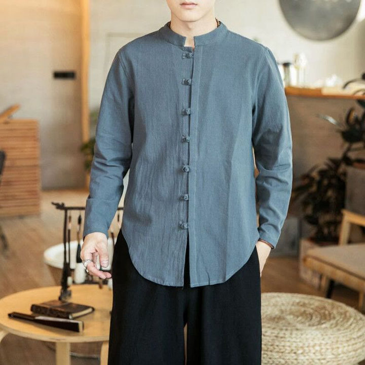Buddha Stones Casual herenoverhemd met opstaande kraag, kikkerknopen en Lange mouw. - Donkergrijs - US/UK/AU46, EU56 (5XL) - image 10