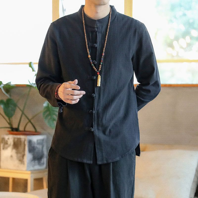Buddha Stones Casual herenoverhemd met opstaande kraag, kikkerknopen en Lange mouw. - Zwart - US/UK/AU46, EU56 (5XL) - image 6