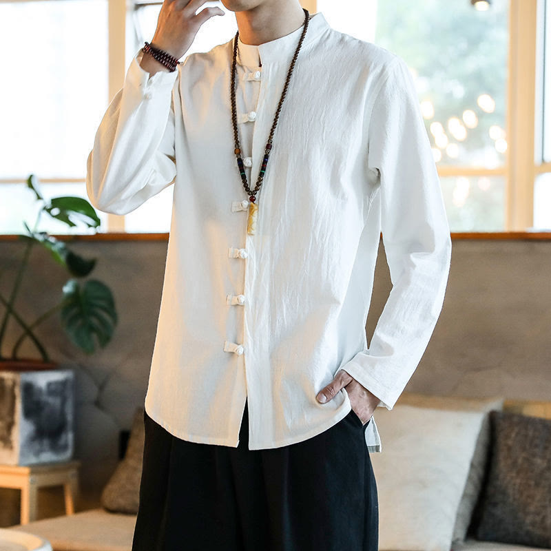 Buddha Stones Casual herenoverhemd met opstaande kraag, kikkerknopen en Lange mouw. - Wit - US/UK/AU46, EU56 (5XL) - image 0