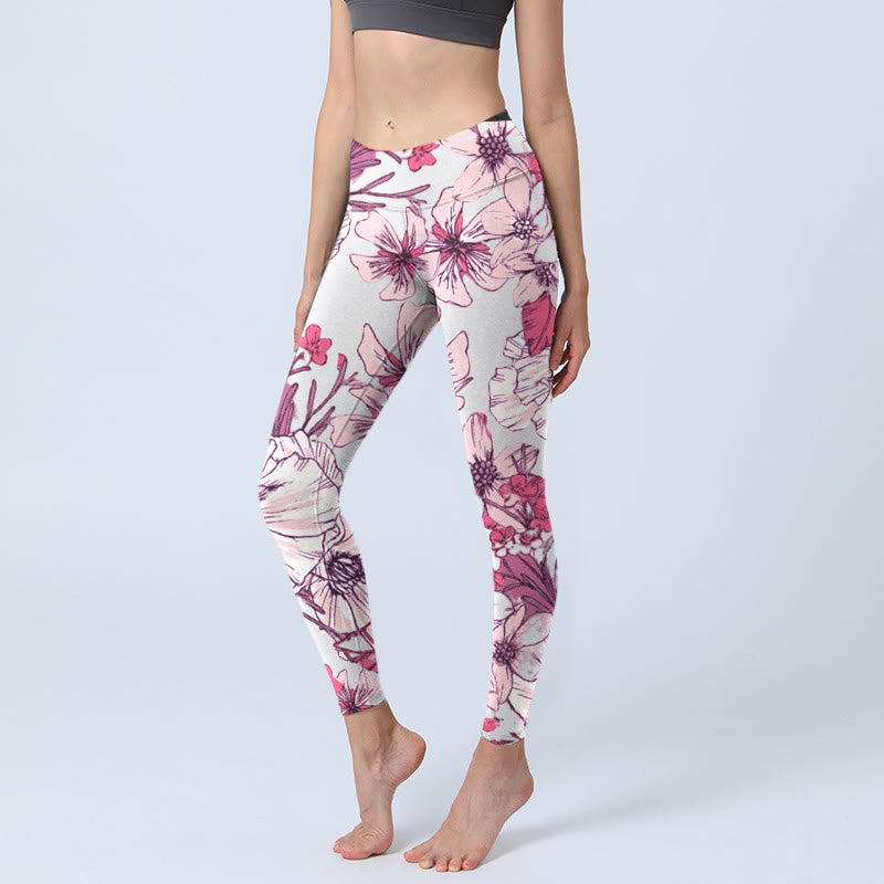 Buddha Stones Sportlegging voor dames met roze rozen en rode bloemenprint, yogabroek - Beige - US18, UK/AU22, EU50 (4XL) - image 0
