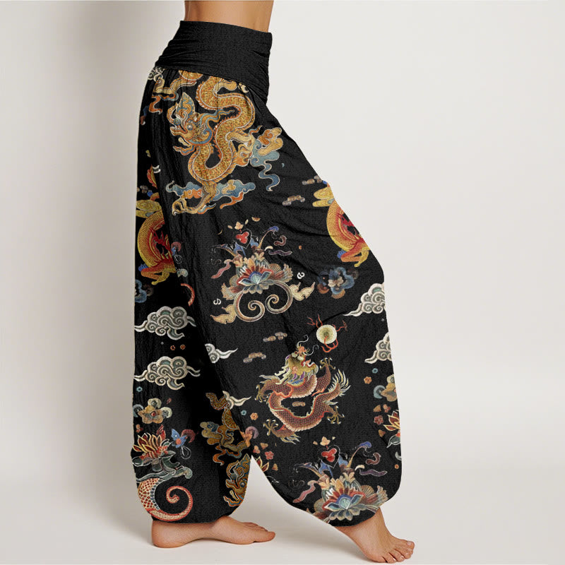 Buddha Stones Dames harembroek met elastische Taille en gouden drakenmotief en gelukbrengende wolkenprint. - image 1