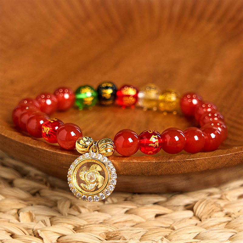 Buddha Stones Rode agaat Om Mani Padme Hum Vijf Richtingen Goden van Rijkdom Zirkoon Cycloon bedeltje Zelfacceptatie Armband - Rode agaat (Polsomtrek: 15-17 cm) - image 0