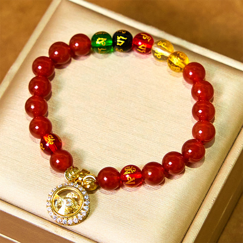 Buddha Stones Rode agaat Om Mani Padme Hum Vijf Richtingen Goden van Rijkdom Zirkoon Cycloon bedeltje Zelfacceptatie Armband - image 1