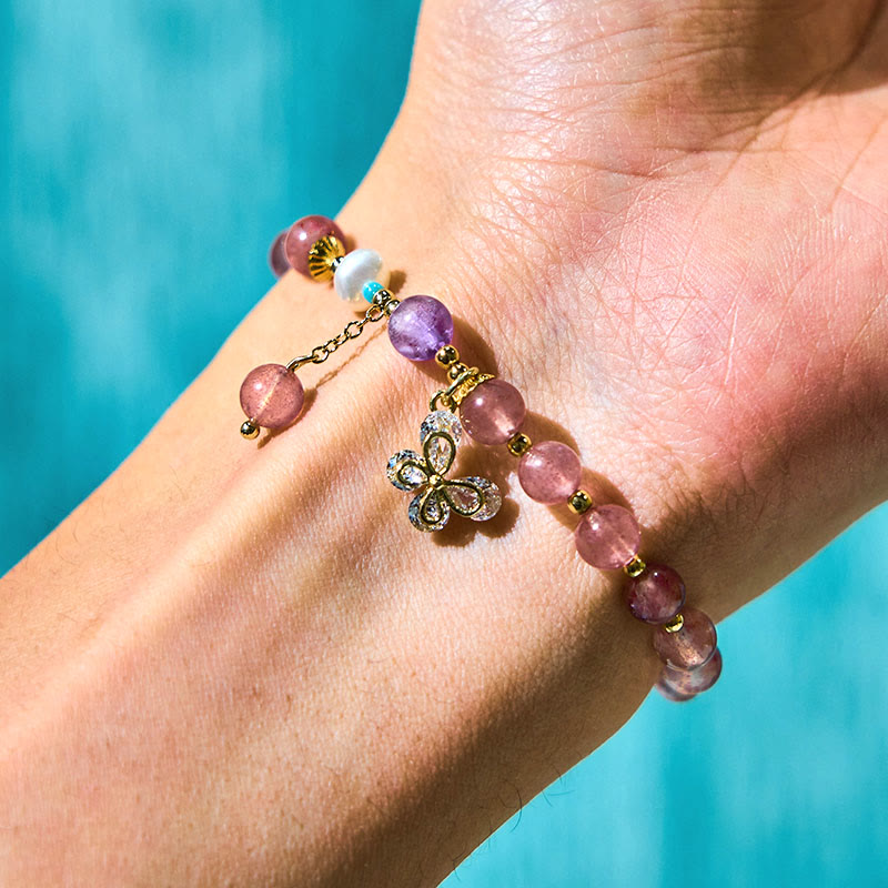 Buddha Stones Natuurlijke aardbeikwarts Groene aardbeikwarts vlinderbedel Armband - image 3