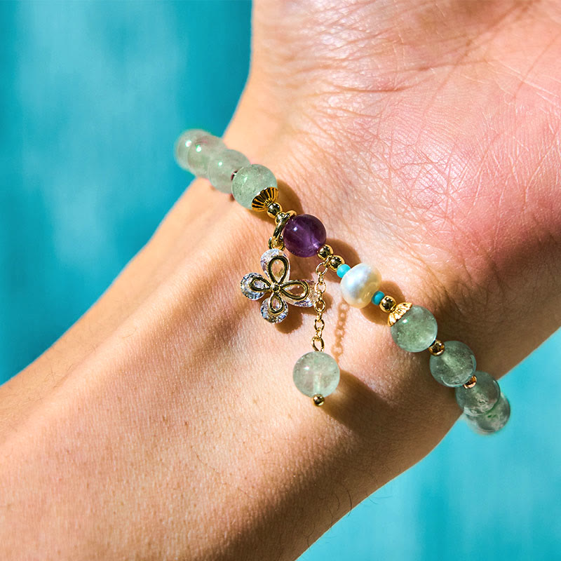 Buddha Stones Natuurlijke aardbeikwarts Groene aardbeikwarts vlinderbedel Armband - image 12
