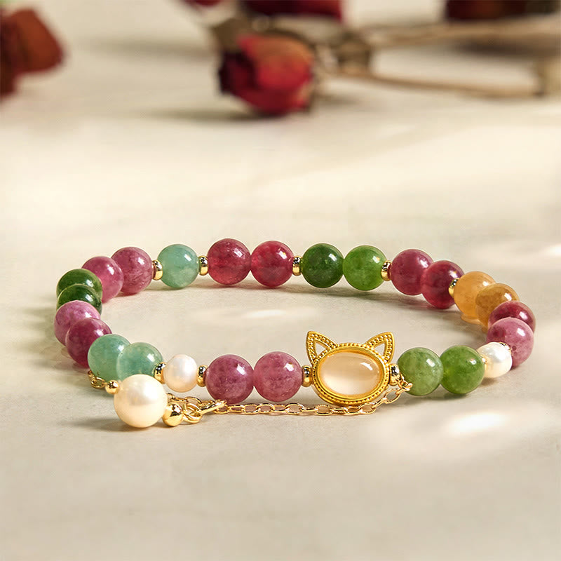 Buddha Stones Kleurrijke Toermalijn Gelukskat Positieve Armband - image 1