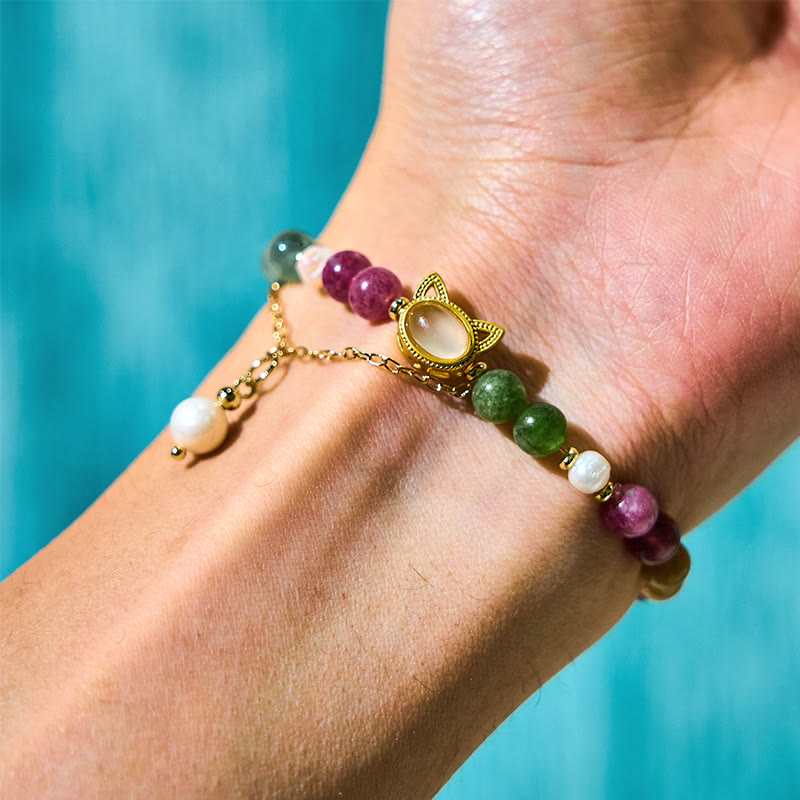 Buddha Stones Kleurrijke Toermalijn Gelukskat Positieve Armband - image 4