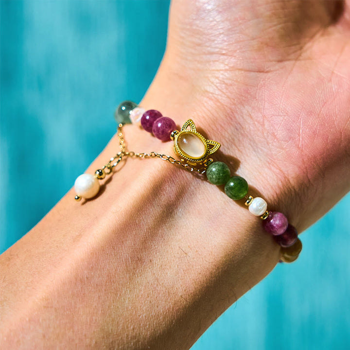 Buddha Stones Kleurrijke Toermalijn Gelukskat Positieve Armband - image 4