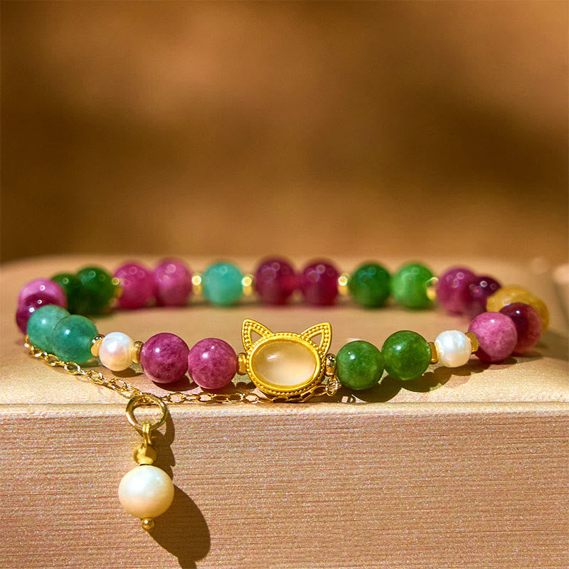 Buddha Stones Kleurrijke Toermalijn Gelukskat Positieve Armband - image 3