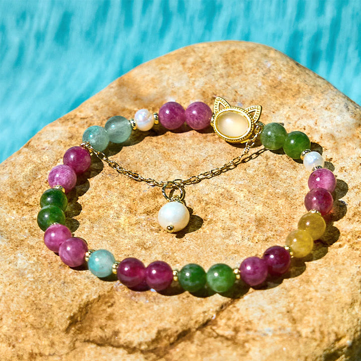 Buddha Stones Kleurrijke Toermalijn Gelukskat Positieve Armband - image 7