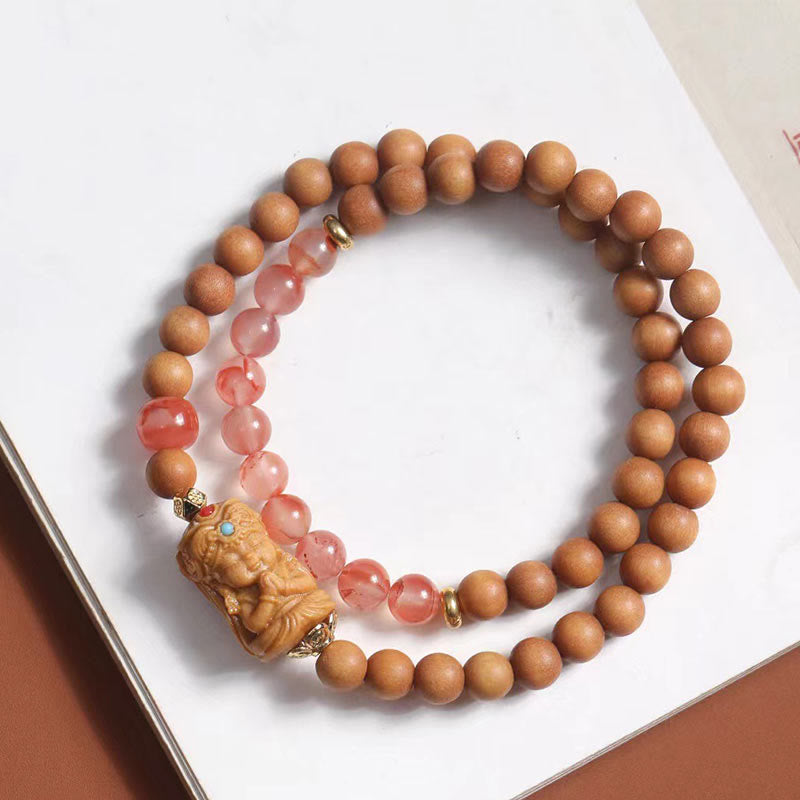 Buddha Stones Tibetaanse Zakiram Godin van de Rijkdom, Zuid-Rode Agaat, Sandelhout, Armband - image 1
