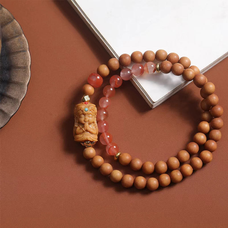 Buddha Stones Tibetaanse Zakiram Godin van de Rijkdom, Zuid-Rode Agaat, Sandelhout, Armband - Sandelhout & Zuid-rode agaat (Polsomtrek: 13-21 cm) - image 0