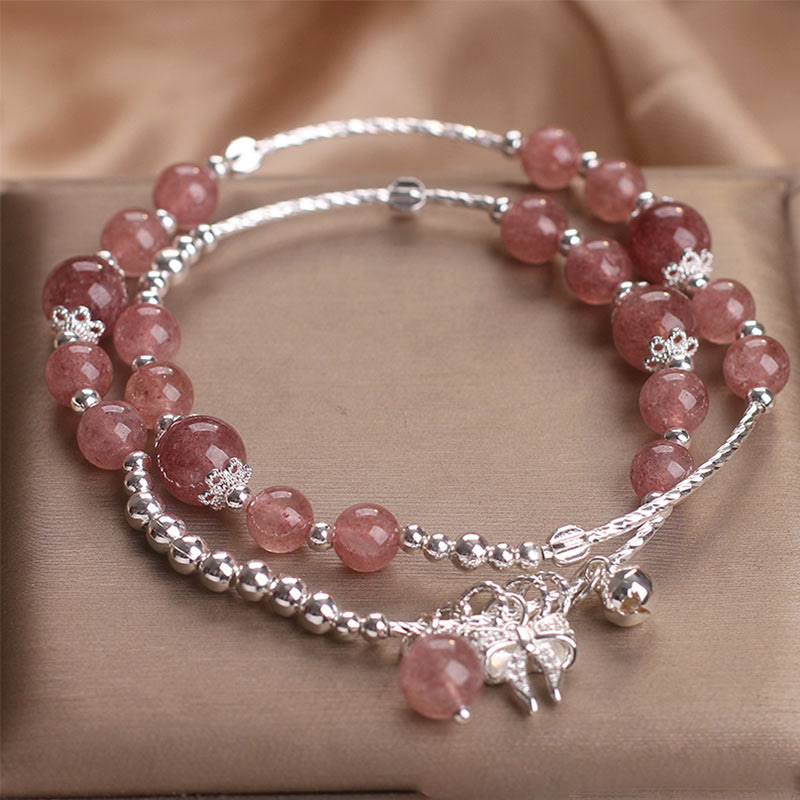 Buddha Stones Natuurlijke aardbeikwarts strikrozet bedeltje helende dubbele Armband - Aardbeikwarts (Polsomtrek 14-16 cm) - image 0